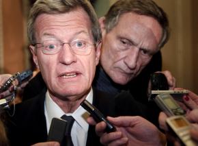 Senate Finance Committee chair Max Baucus speaks to reporters